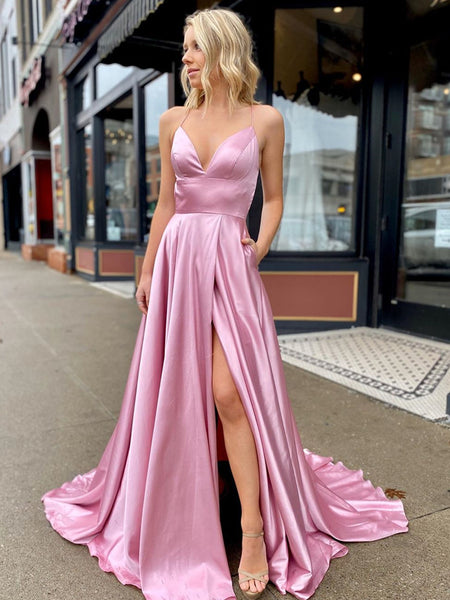 A Line V Neck Pink Backless Long Prom Dress, Pink Open Back Fomal Graduation Evening Dresses