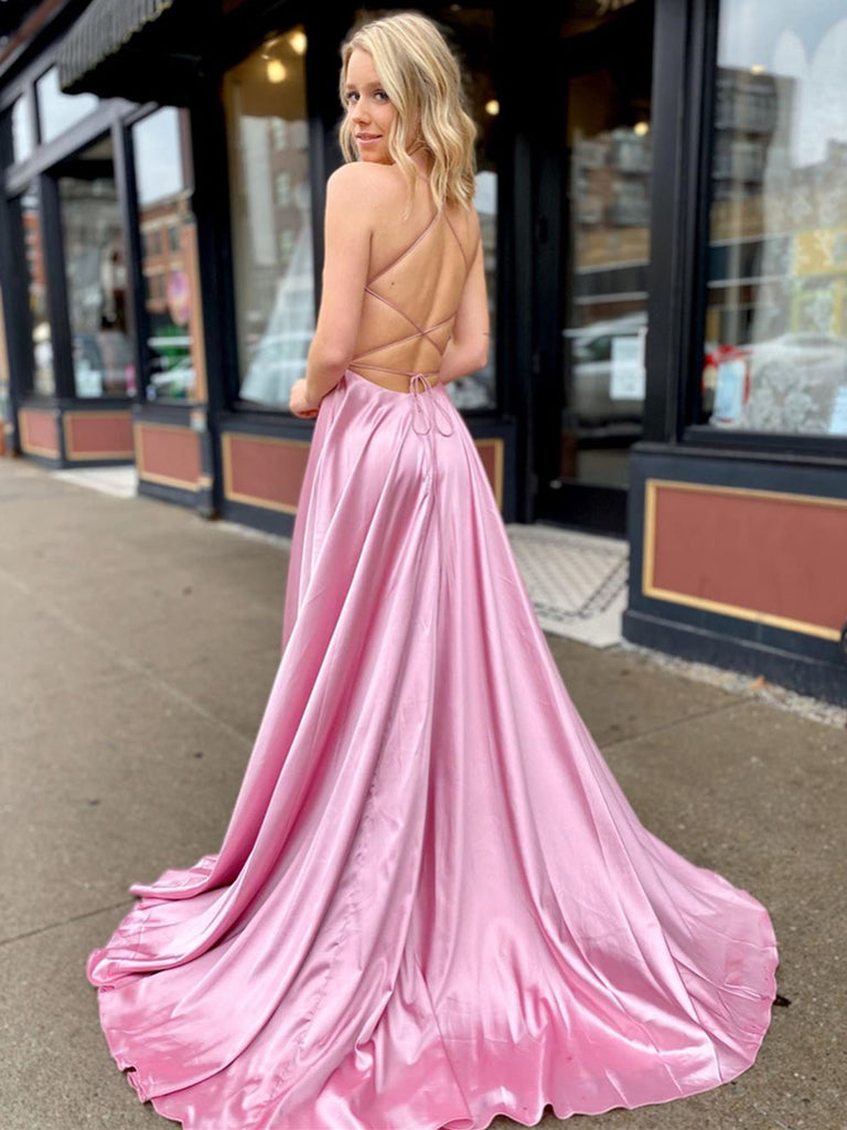A Line V Neck Backless Hot Pink Prom Dresses, Open Back Hot Pink