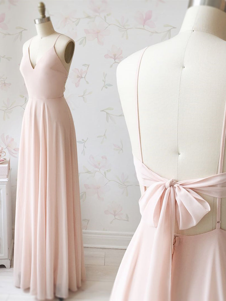 A Line V Neck Pink Backless Long Prom Dresses, Pink Long Backless Evening Graduation Formal Dresses