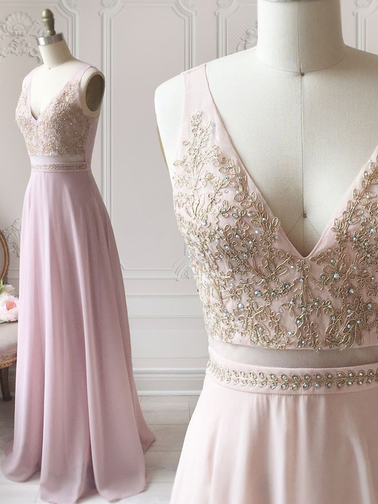 A Line V Neck Pink Lace Prom Dresses Long, Pink Long Lace Formal Bridesmaid Dresses