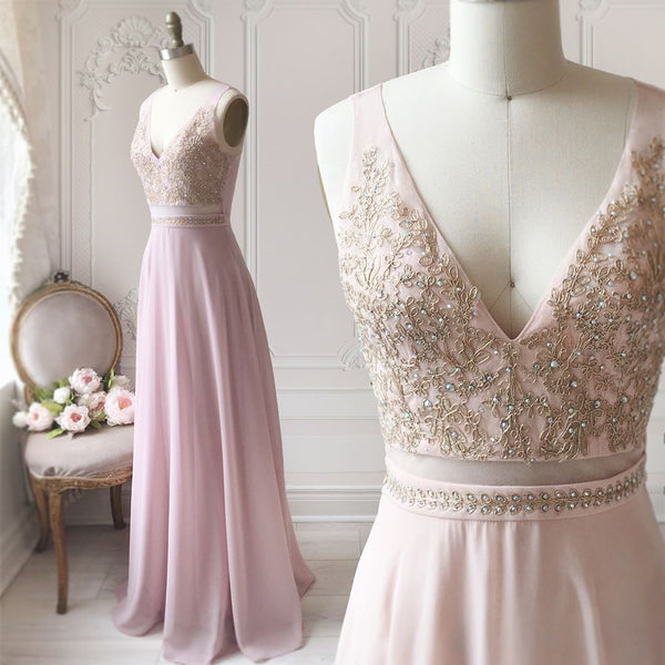 A Line V Neck Pink Lace Prom Dresses Long, Pink Long Lace Formal Bridesmaid Dresses