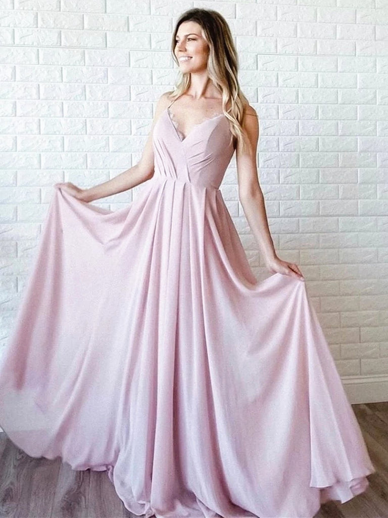 A Line V Neck Pink Lace Prom Dresses, Pink Lace Formal Evening Dresses
