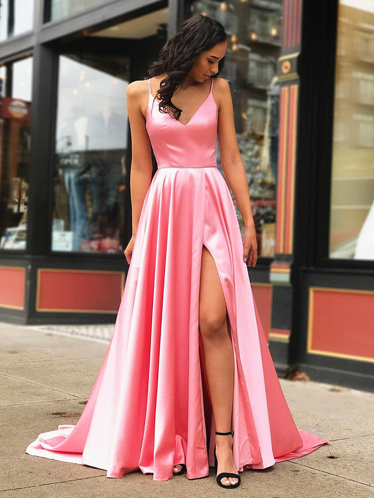 A Line V Neck Pink Long Prom Dress with Leg Slit, Pink Long Formal Graduation Evening Dresses