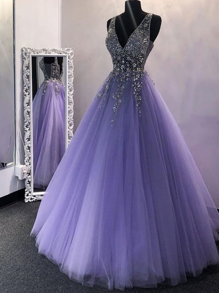 A Line V Neck Purple Beaded Long Prom Dresses, V Neck Backless Purple jbydress A Line V Neck Purple Beaded Long Prom Dresses, V Neck Backless Purple jbydress