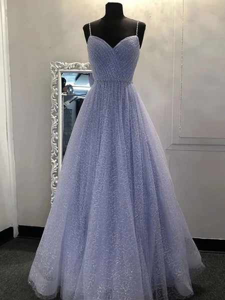 Purple Beaded V-neckline Tulle Sparkle Party Dress Evening Dress, Purple Tulle Prom Dress Y1008 main image 1