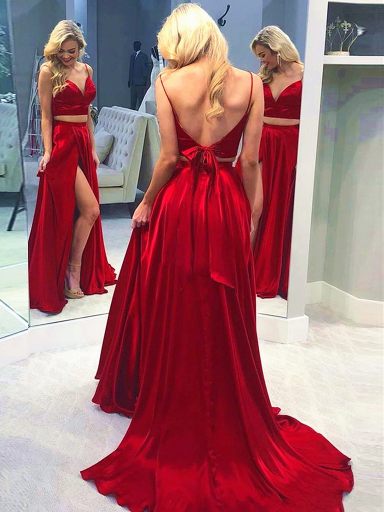 A Line V Neck Red 2 Pieces Prom Dresses, Two Pieces Red Long Formal Evening Dresses