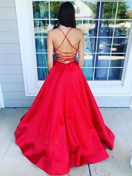 A Line V Neck Red Backless Satin Prom Dresses, Open Back Red Formal Evening Dresses