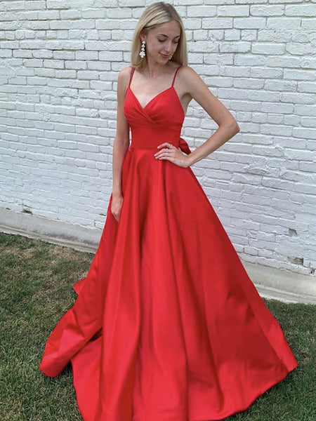 A Line V Neck Red Prom Dresses, V Neck Red Long Formal Evening Dresses