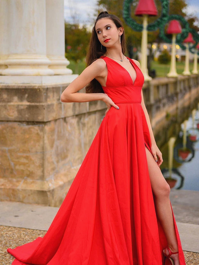 A Line V Neck Red Prom Dresses with Leg Slit, V Neck Red Formal Evening Dresses