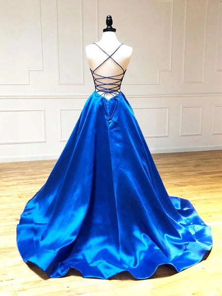 A Line V Neck Royal Blue Backless Prom Dresses, Open Back Royal Blue Formal Evening Graduation Dresses