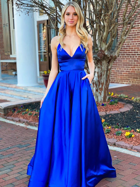 A Line V Neck Royal Blue Backless Prom Dresses, Royal Blue Backless Formal Evening Dresses
