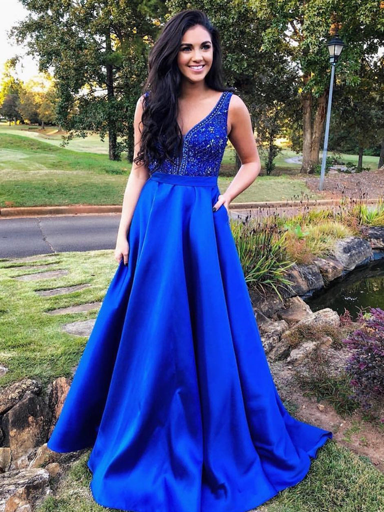 A Line V Neck Royal Blue Beaded Prom Dresses Long, Royal Blue Floor Le jbydress A Line V Neck Royal Blue Beaded Prom Dresses Long, Royal Blue Floor Le jbydress