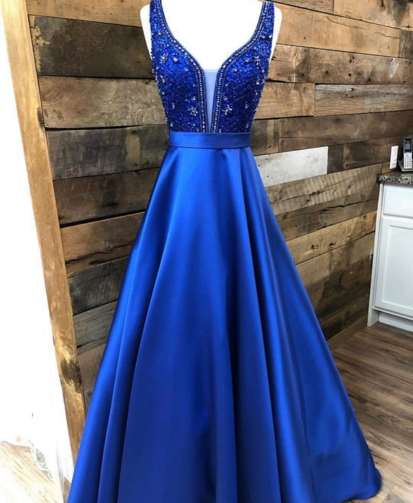 A Line V Neck Royal Blue Beaded Prom Dresses Long, Royal Blue Floor Le