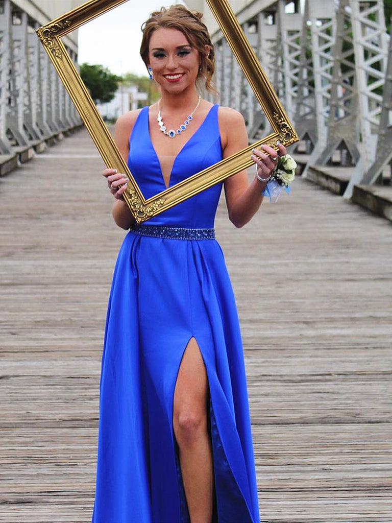 A Line V Neck Royal Blue Prom Dresses with Leg Slit, V Neck Royal Blue jbydress A Line V Neck Royal Blue Prom Dresses with Leg Slit, V Neck Royal Blue jbydress