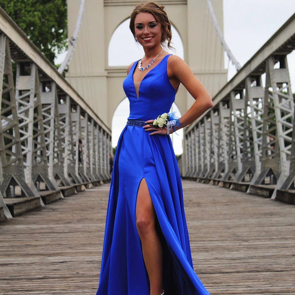 A Line V Neck Royal Blue Prom Dresses with Leg Slit, V Neck Royal Blue jbydress A Line V Neck Royal Blue Prom Dresses with Leg Slit, V Neck Royal Blue jbydress