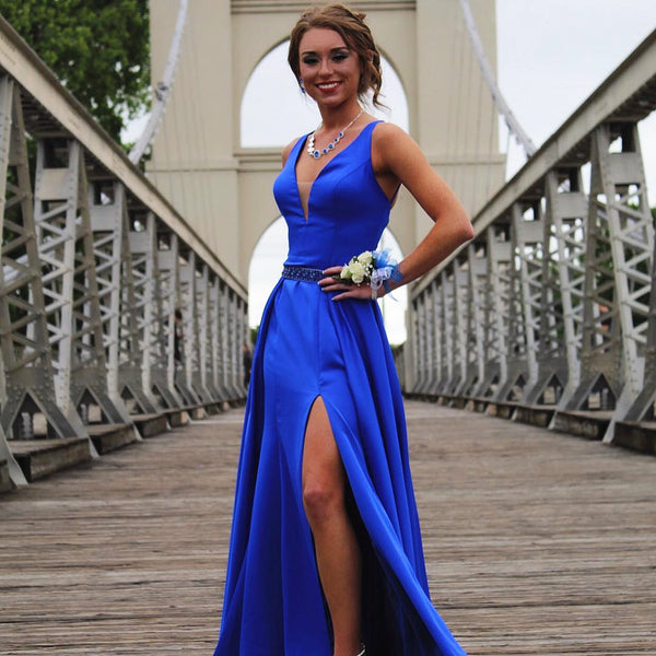 A Line V Neck Royal Blue Prom Dresses with Leg Slit, V Neck Royal Blue Formal Graduation Evening Dresses