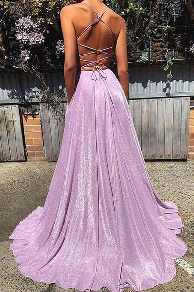 A Line V Neck Shiny Purple Prom Dresses, Shiny Purple Backless Formal Evening Dresses