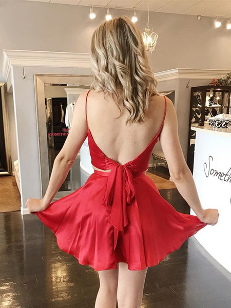 A Line V Neck Short 2 Pieces Red Prom Dresses, Two Pieces Short Red Formal Homecoming Cocktail Dresses