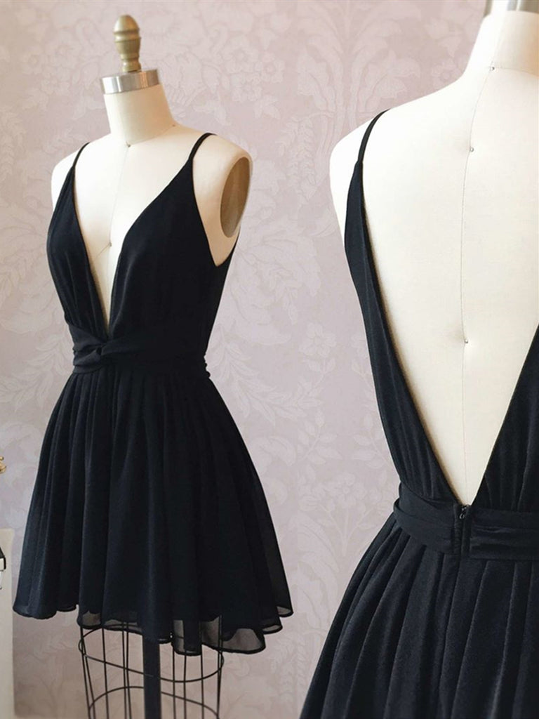 A Line V Neck Short Black Prom Dresses, Short Black Backless Homecoming Formal Dresses