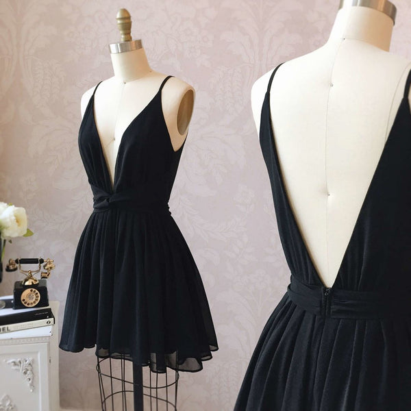 A Line V Neck Short Black Prom Dresses, Short Black Backless Homecoming Formal Dresses