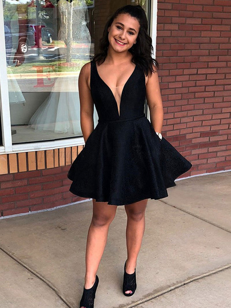 A Line V Neck Short Black Prom Dresses, V Neck Short Black Formal