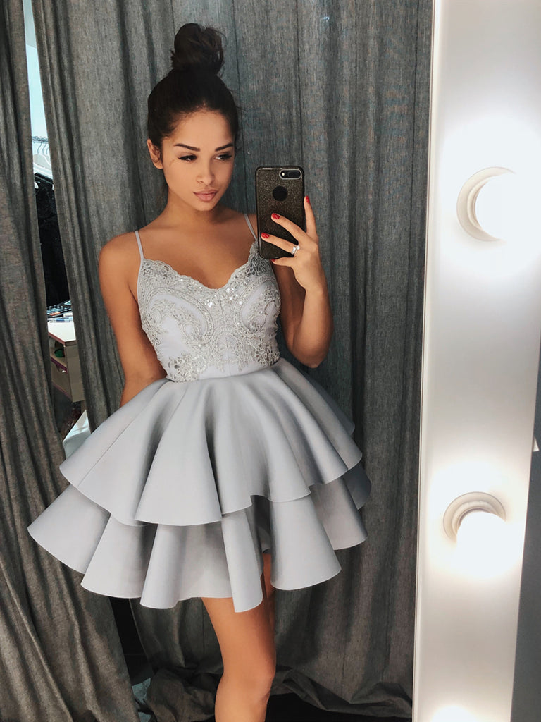 A Line V Neck Short Blue Gray Lace Prom Dresses, Short Lace Formal Hom jbydress A Line V Neck Short Blue Gray Lace Prom Dresses, Short Lace Formal Hom jbydress