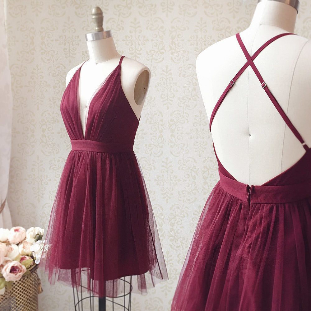A Line V Neck Short Burgundy Backless Prom Dresses, Short Burgundy Bac