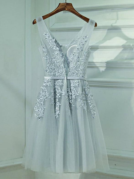 A Line V Neck Short Gray Lace Prom Dresses, Short Gray Lace Formal Homecoming Dresses