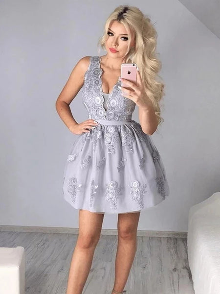 A Line V Neck Short Gray Lace Prom Dresses, Short Gray Lace Formal Homecoming Graduation Dresses