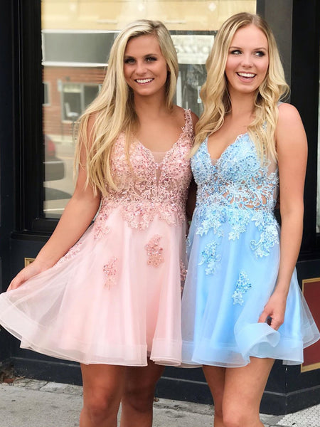 A Line V Neck Short Pink Blue Lace Prom Dresses, Short Lace Formal Homecoming Dresses