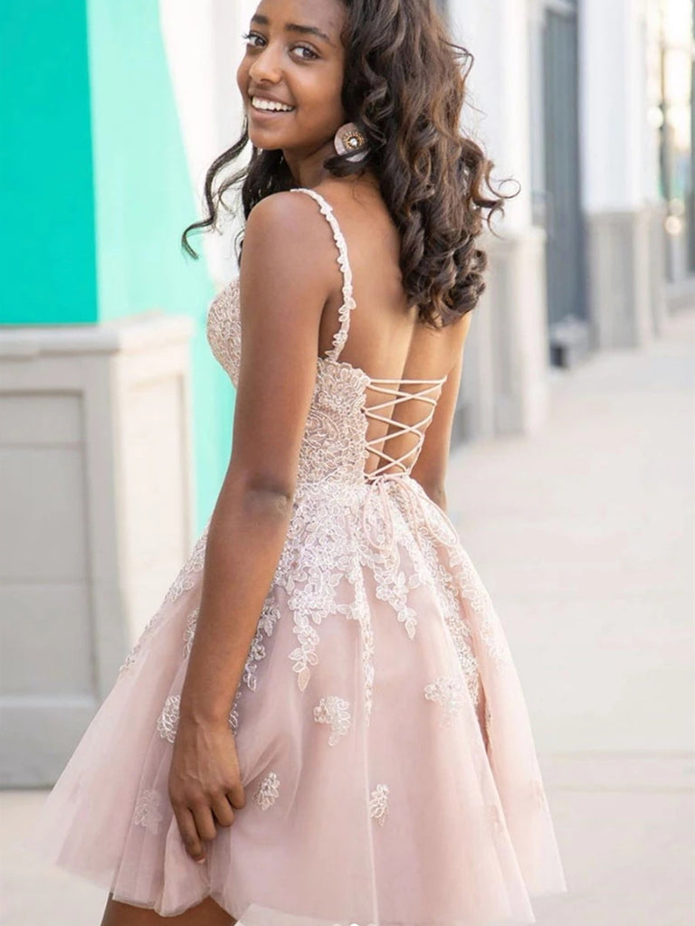 A Line V Neck Short Pink Lace Prom Dresses, Short Pink Lace Formal