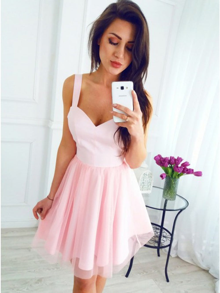 short pink graduation dresses A Line V Neck Short Pink Prom Dresses, Short Pink Formal Homecoming Gr – jbydress