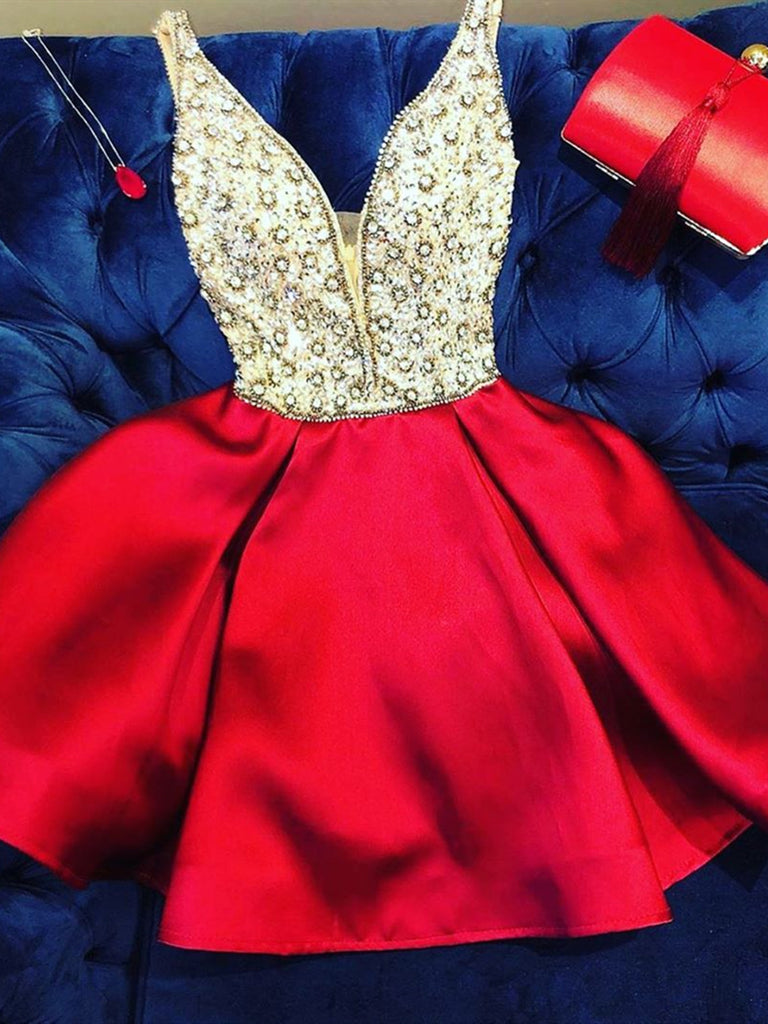 A Line V Neck Short Red Beaded Prom Dresses, Short Red V Neck Formal H jbydress A Line V Neck Short Red Beaded Prom Dresses, Short Red V Neck Formal H jbydress