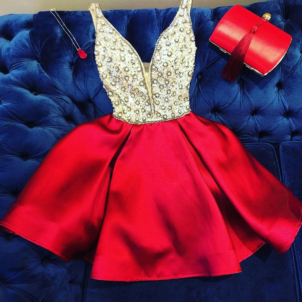 A Line V Neck Short Red Beaded Prom Dresses, Short Red V Neck Formal H jbydress A Line V Neck Short Red Beaded Prom Dresses, Short Red V Neck Formal H jbydress