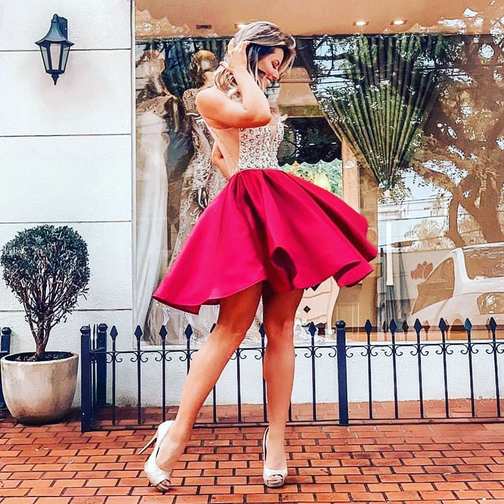 A Line V Neck Short Red Beaded Prom Dresses, Short Red V Neck Formal H jbydress A Line V Neck Short Red Beaded Prom Dresses, Short Red V Neck Formal H jbydress