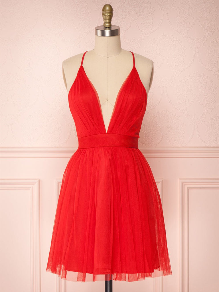 A Line V Neck Short Red/Burgundy Tulle Prom Dresses, Short Red/Burgund jbydress A Line V Neck Short Red/Burgundy Tulle Prom Dresses, Short Red/Burgund jbydress