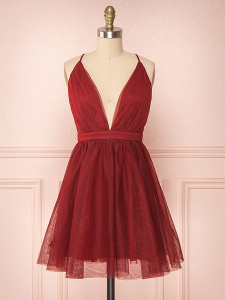 A Line V Neck Short Red Burgundy Tulle Prom Dresses, Short Red Burgundy Graduation Homecoming Dresses