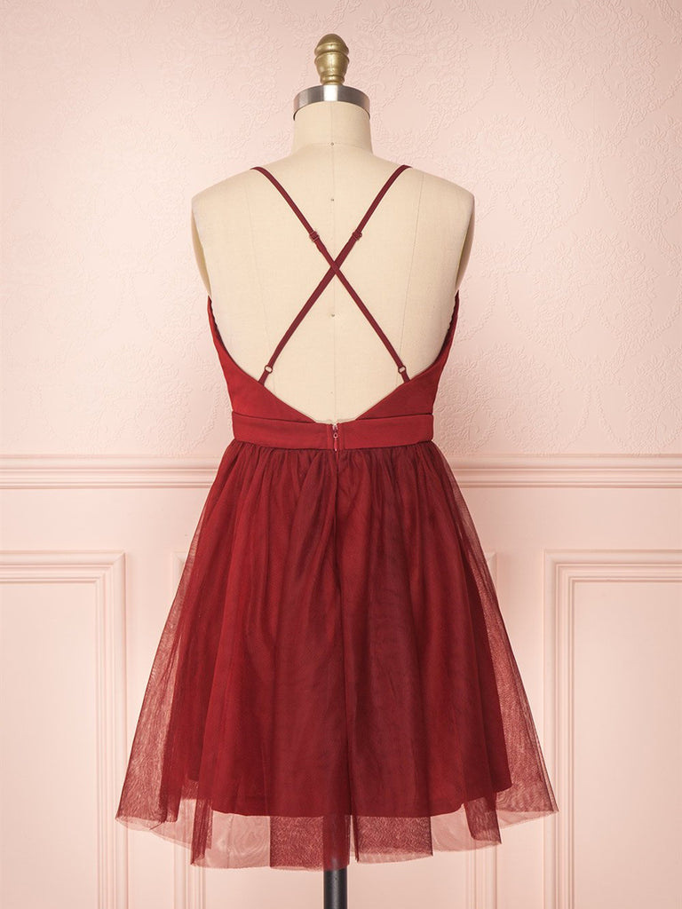 A Line V Neck Short Red/Burgundy Tulle Prom Dresses, Short Red/Burgund jbydress A Line V Neck Short Red/Burgundy Tulle Prom Dresses, Short Red/Burgund jbydress