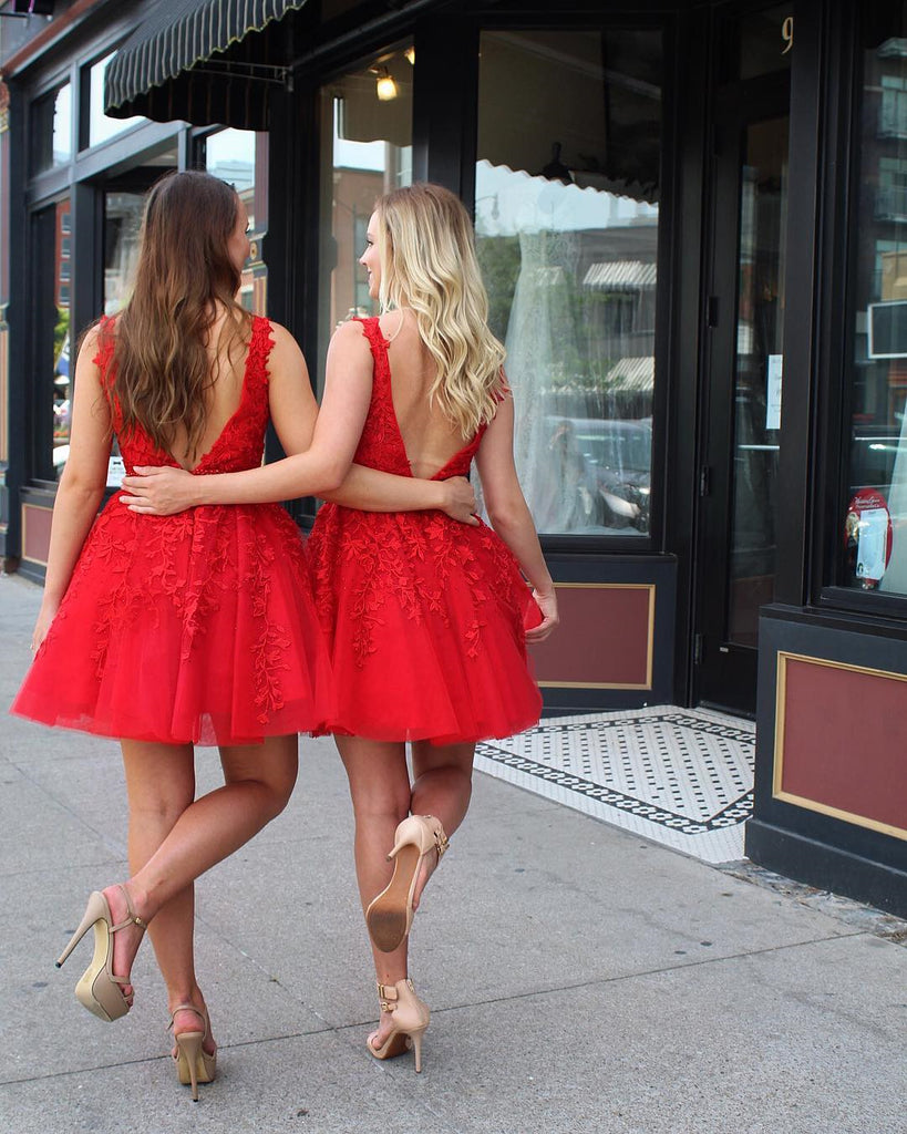 A Line V Neck Short Red Lace Prom Dresses, Short Red Lace Formal Gradu jbydress A Line V Neck Short Red Lace Prom Dresses, Short Red Lace Formal Gradu jbydress