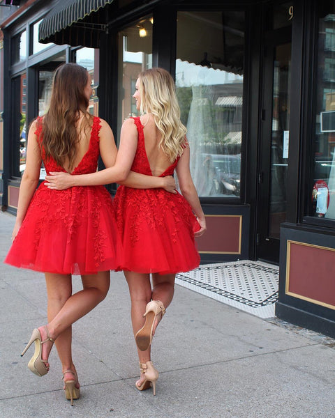 A Line V Neck Short Red Lace Prom Dresses, Short Red Lace Formal Graduation Formal Dresses