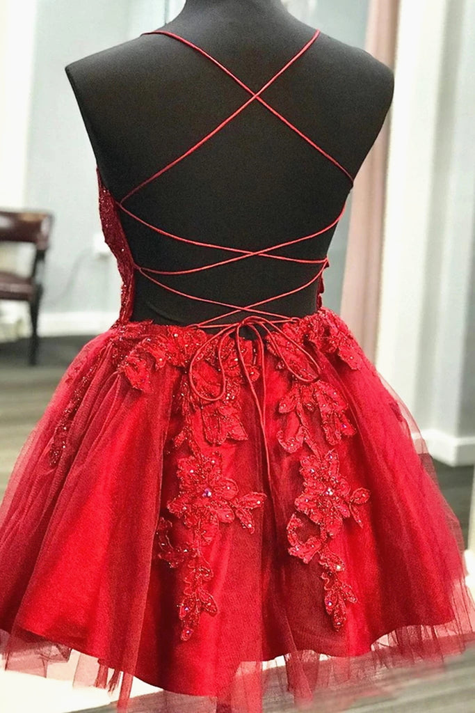 A Line V Neck Short Backless Red Lace Prom Dresses, Short Red, Red Lace 