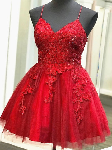 A Line V Neck Short Red Lace Prom Dresses, Short Red Lace Formal Homecoming Dresses