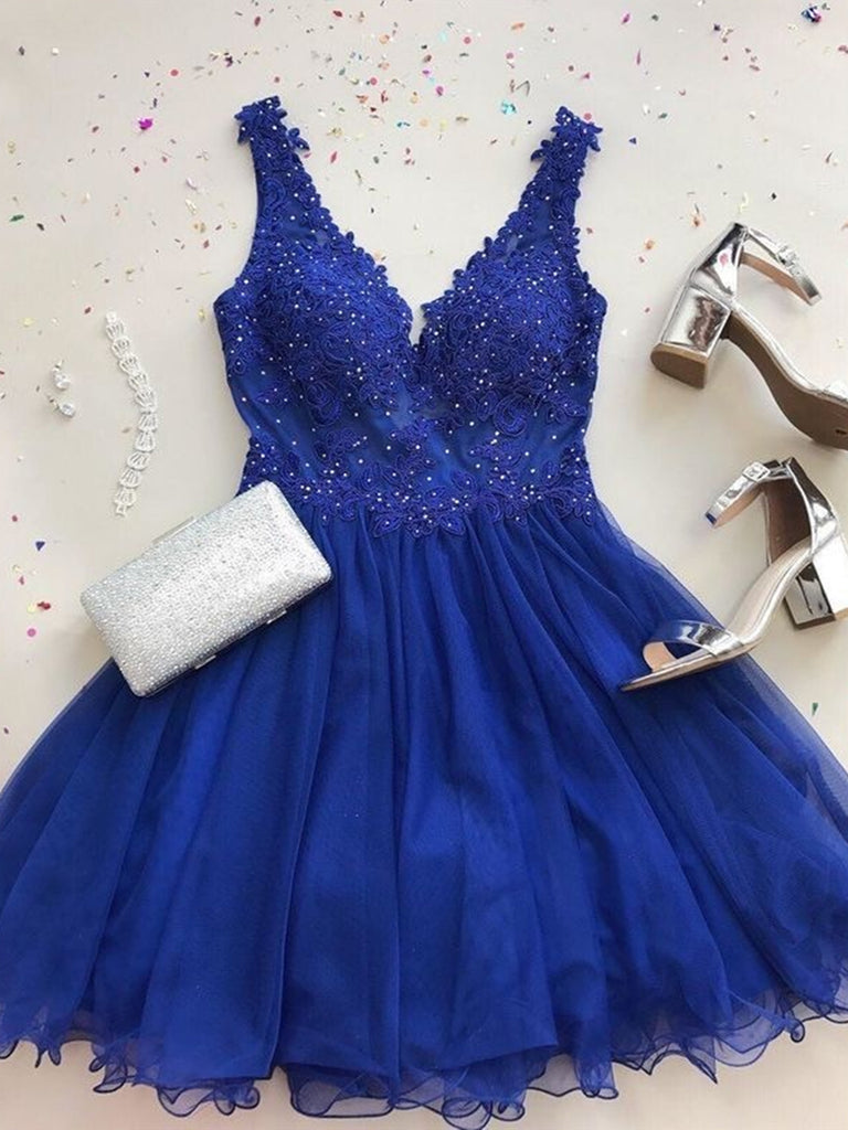 A Line V Neck Short Royal Blue Lace Prom Dresses, Short Royal Blue Lace Formal Homecoming Dresses