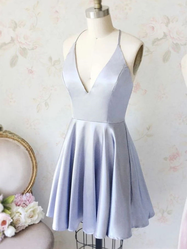 short silver homecoming dresses A Line V Neck Short Silver Gray Prom Dresses, Short Silver Gray Homeco – jbydress