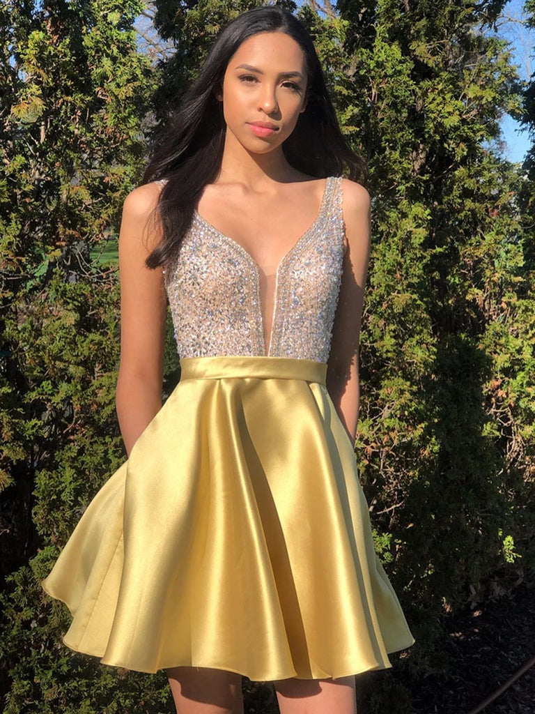 A Line V Neck Short Yellow Beaded Prom Dresses, Short Yellow Beaded Fo jbydress A Line V Neck Short Yellow Beaded Prom Dresses, Short Yellow Beaded Fo jbydress