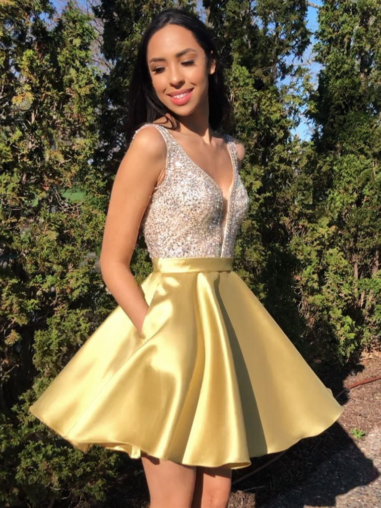 A Line V Neck Short Yellow Beaded Prom Dresses, Short Yellow Beaded Fo jbydress A Line V Neck Short Yellow Beaded Prom Dresses, Short Yellow Beaded Fo jbydress