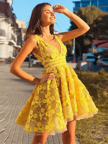 A Line V Neck Short Yellow Lace Prom Dresses, Short Yellow Lace Formal Graduation Homecoming Dresses