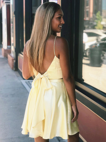 A Line V Neck Short Yellow Prom Dresses, 2 Pieces Short Yellow Formal Homecoming Dresses