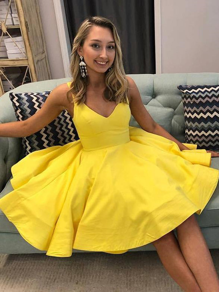 A Line V Neck Short Yellow Prom Dresses, Short Yellow Formal Homecomin jbydress A Line V Neck Short Yellow Prom Dresses, Short Yellow Formal Homecomin jbydress