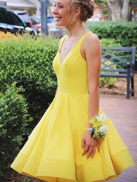 A Line V Neck Short Yellow Prom Dresses, Short Yellow Formal Homecoming Cocktail Dresses
